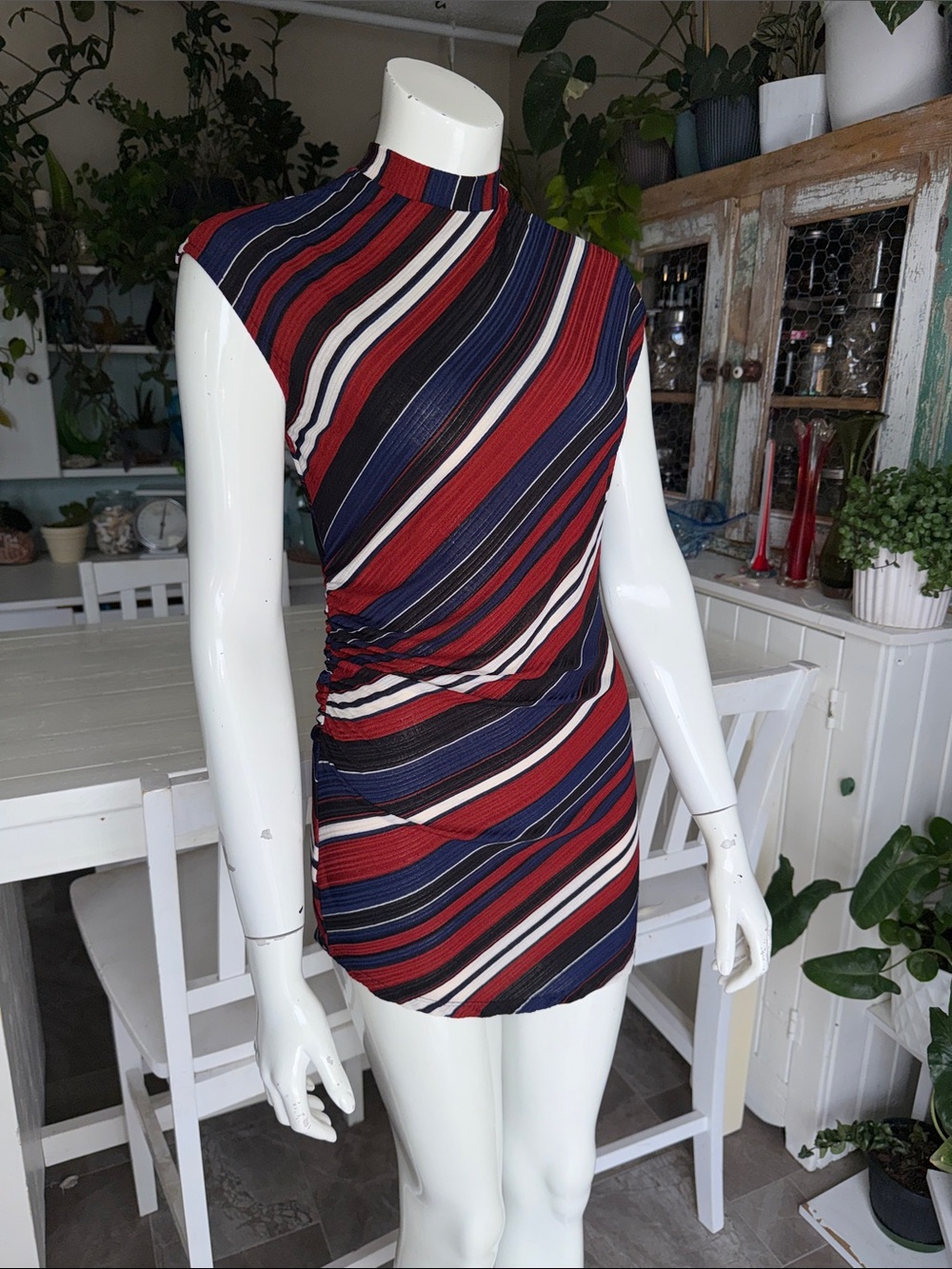 Suzy Shier Striped Mock-Neck Mini Dress in Red, Navy & White NWOT XS